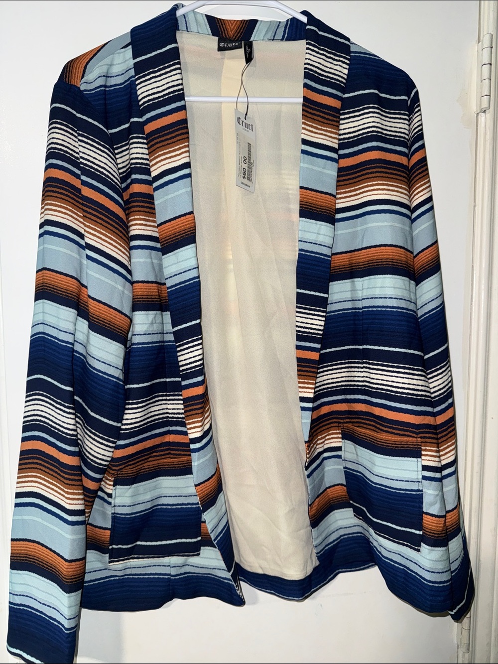 Striped Open-Front Blazer in Navy, Light Blue & Brown